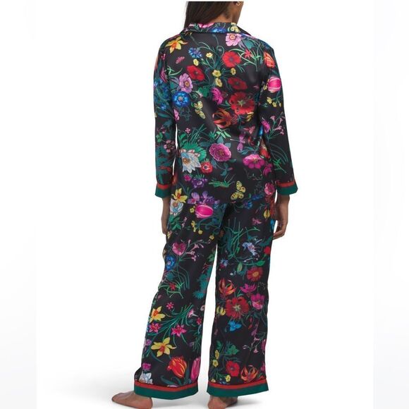 DALIA MACPHEE Black Satin Floral 2 pc Notched Long Sleeve Pants PJ Set - Picture 2 of 6